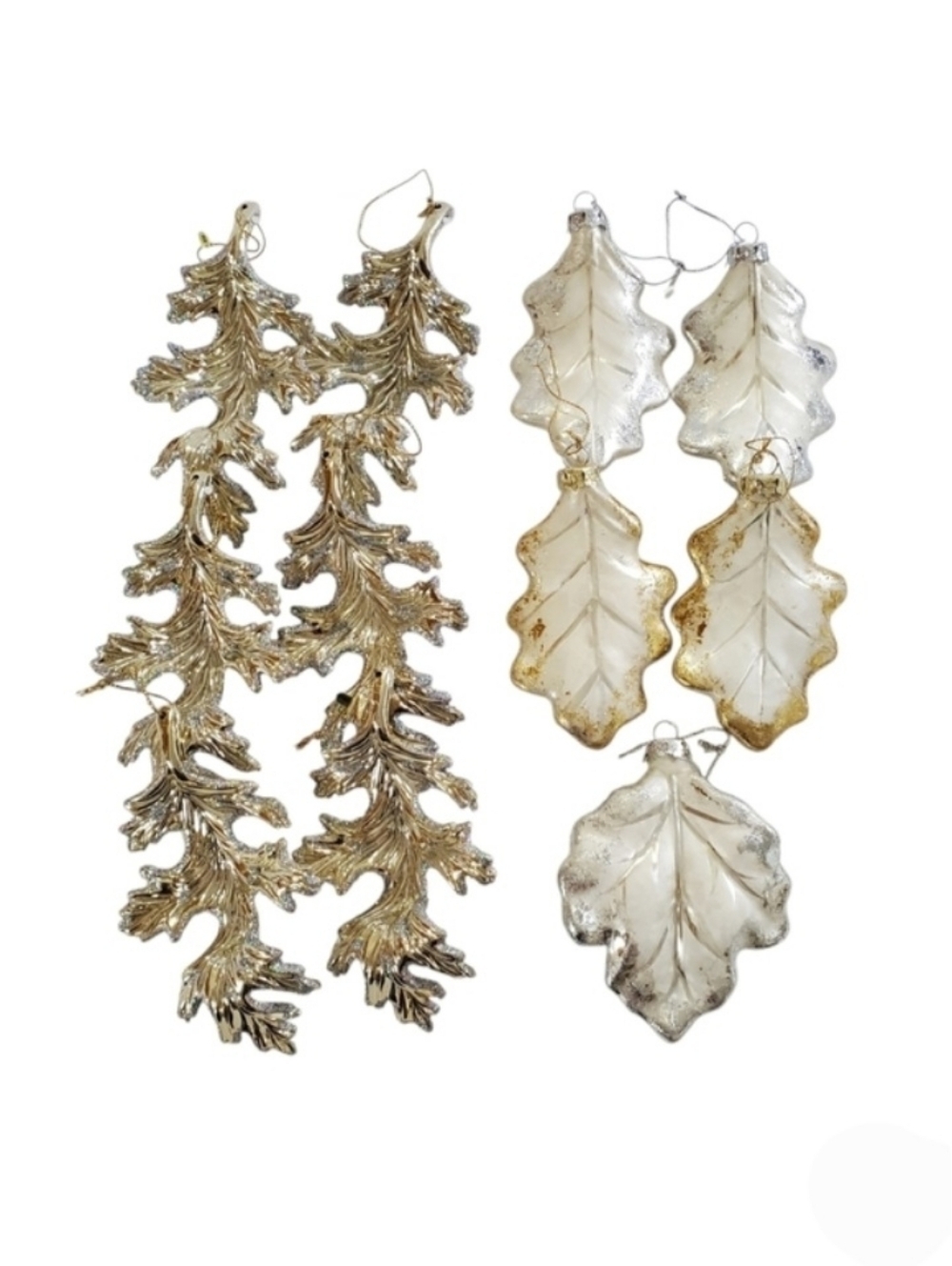 Leaf Christmas Ornaments Glass & Plastic White Gold Holographic Glitter